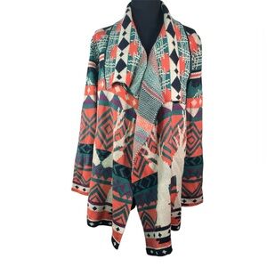 Long open cardigan kissing reindeer tribal coral teal purple black Christmas